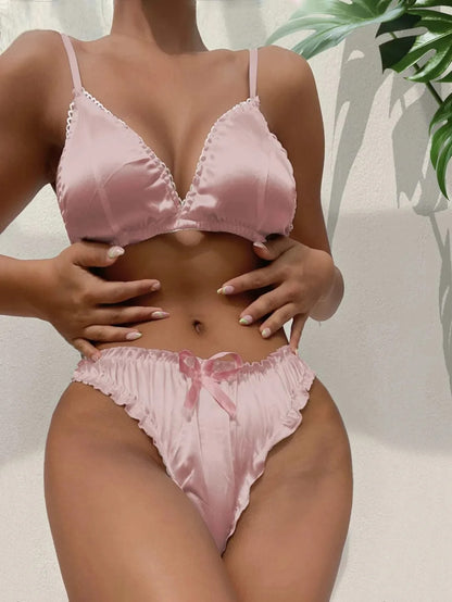 Women's Erotic Lingerie Suit Bowknot Sexy Wire Free Lingerie Underwear Two Piece Female White Set