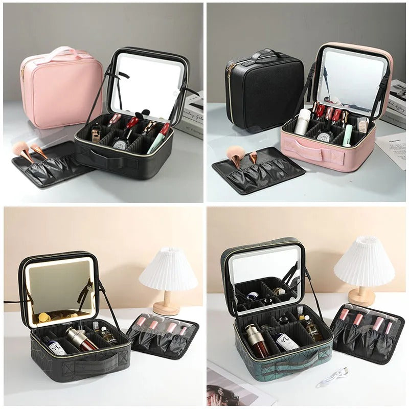 Travel Makeup Bag With Mirror LED Lighted Adjustable Dividers Cosmetic Case Portable Artist Beauty Nail Tool Makeup Case Female