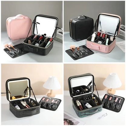 Travel Makeup Bag With Mirror LED Lighted Adjustable Dividers Cosmetic Case Portable Artist Beauty Nail Tool Makeup Case Female