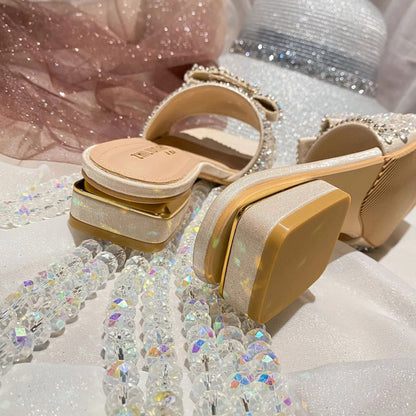Chunky Heel Fashion Flat Ladies Rhinestone Slippers Women's Shoes Comfort Summer Peep Toe Shoes
