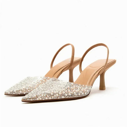 Women's Pointed Head High Heeled Pumps ZAZA Sexy Woman Shoes Fashion Pearl Decoration Slingback Woman Sandals