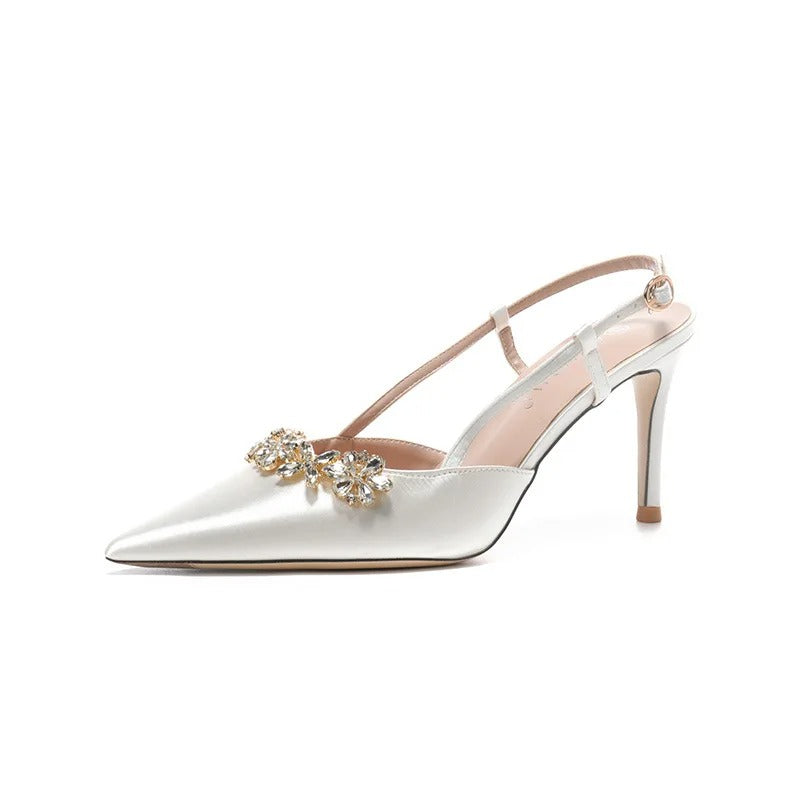 Luxury Satin Rhinestone Flower Design High Heels Women Sexy Pointed Toe Heeled Sandals Back Strap Blue Pumps Party Wedding Shoes