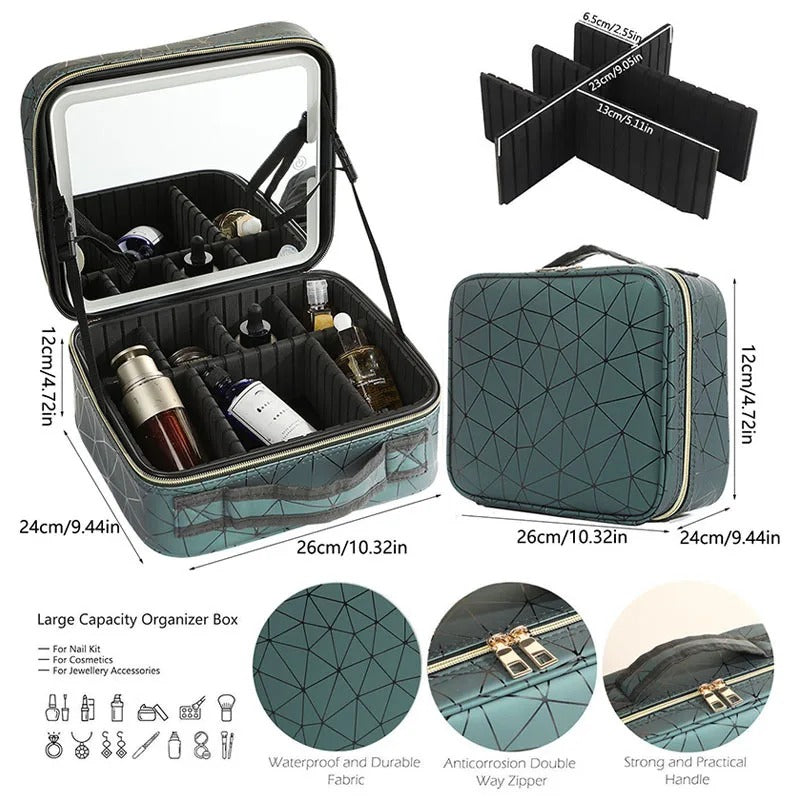 Travel Makeup Bag With Mirror LED Lighted Adjustable Dividers Cosmetic Case Portable Artist Beauty Nail Tool Makeup Case Female
