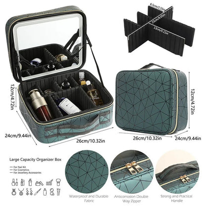 Travel Makeup Bag With Mirror LED Lighted Adjustable Dividers Cosmetic Case Portable Artist Beauty Nail Tool Makeup Case Female