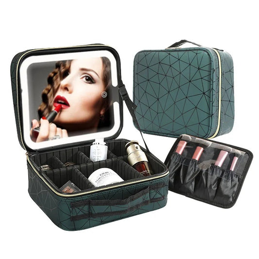 Travel Makeup Bag With Mirror LED Lighted Adjustable Dividers Cosmetic Case Portable Artist Beauty Nail Tool Makeup Case Female