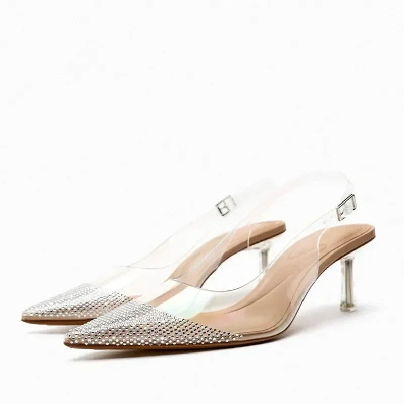 Women's Pointed Head High Heeled Pumps ZAZA Sexy Woman Shoes Fashion Pearl Decoration Slingback Woman Sandals